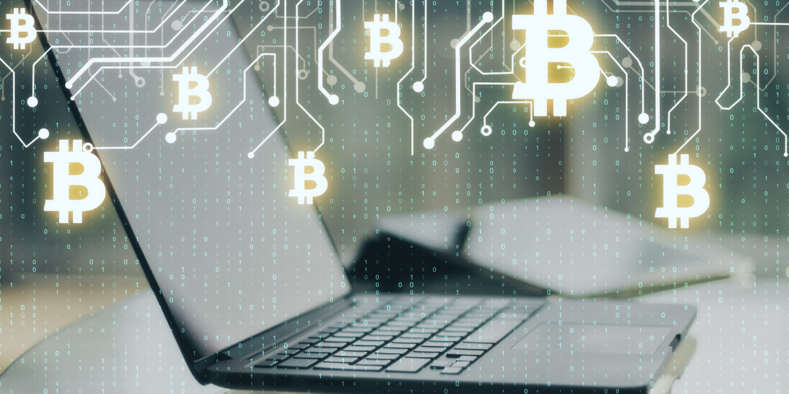 Close up of laptop with abstract glowing money circuit and binary code on blurry background. Bitcoin, cryptocurrency and technology concept. Multiexposure